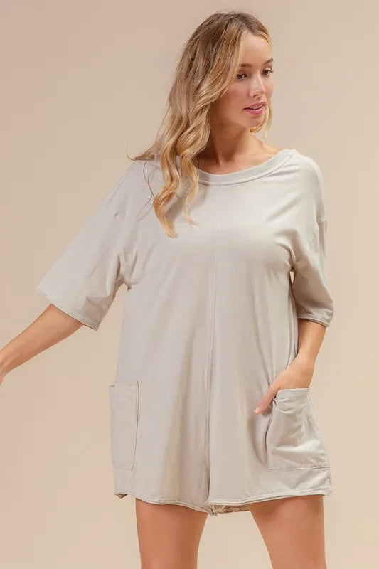 Oatmeal Bibi Short Sleeve Back Open Washed Romper