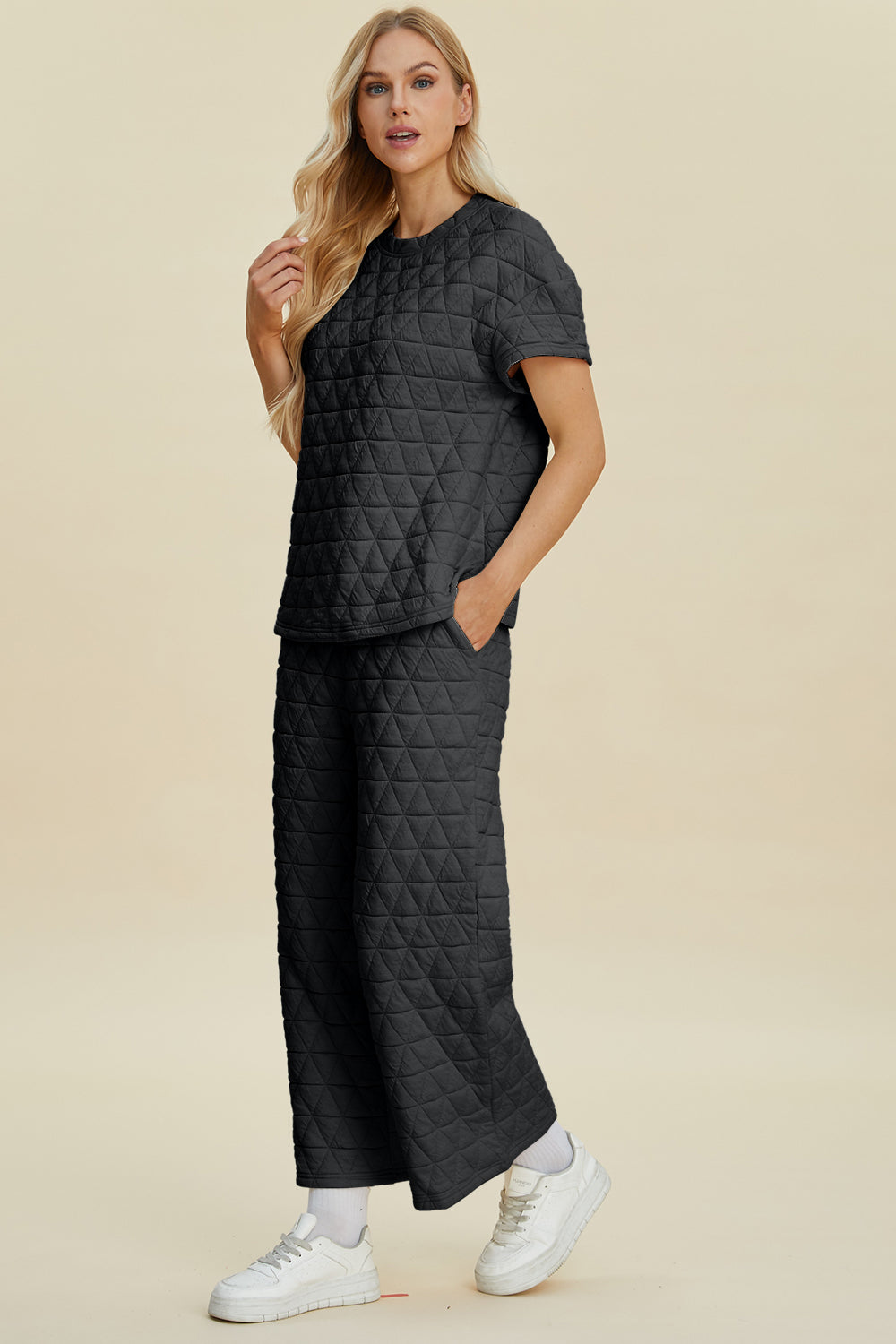 Black Double Take Full Size Texture Round Neck Short Sleeve Top And Pants Set