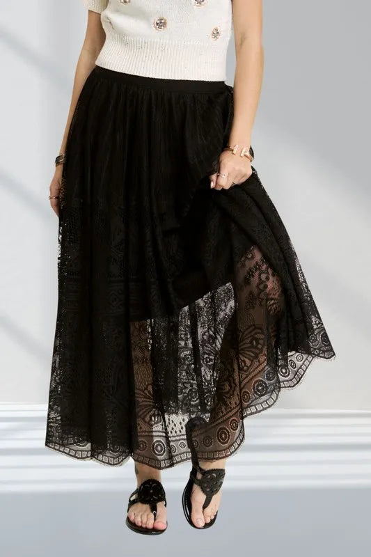 Black Adora Elastic Waist Raw Hem Lace Maxi Skirt