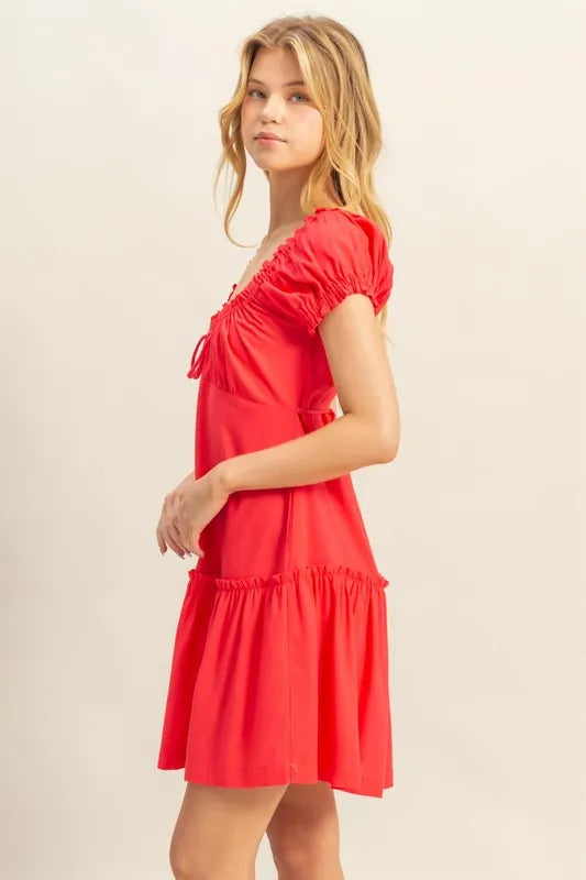 Red Hyfve Ruched Frill Tiered Short Sleeve Mini Dress