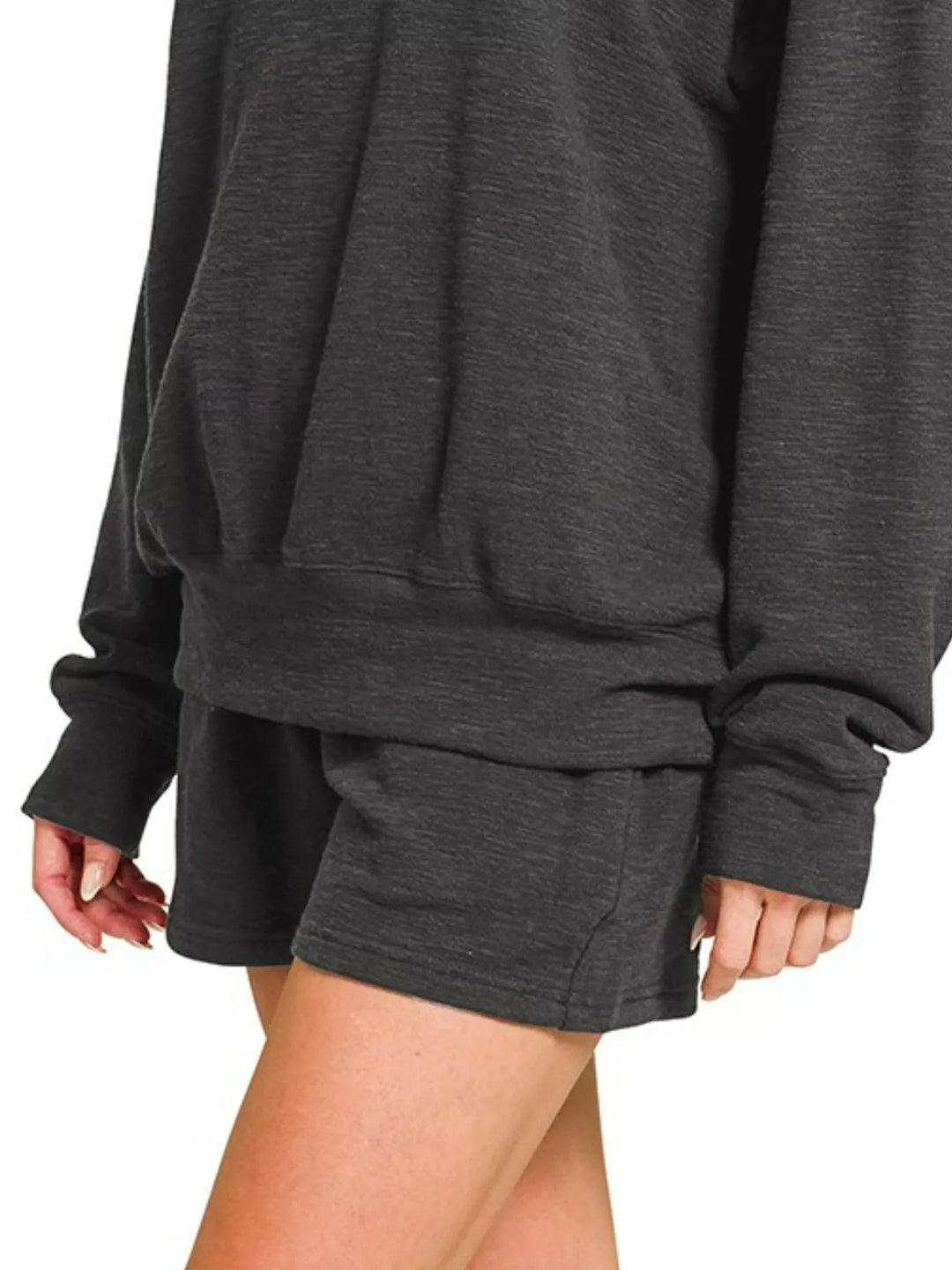 Black Zenana Slub Long Sleeve Top And Shorts Set