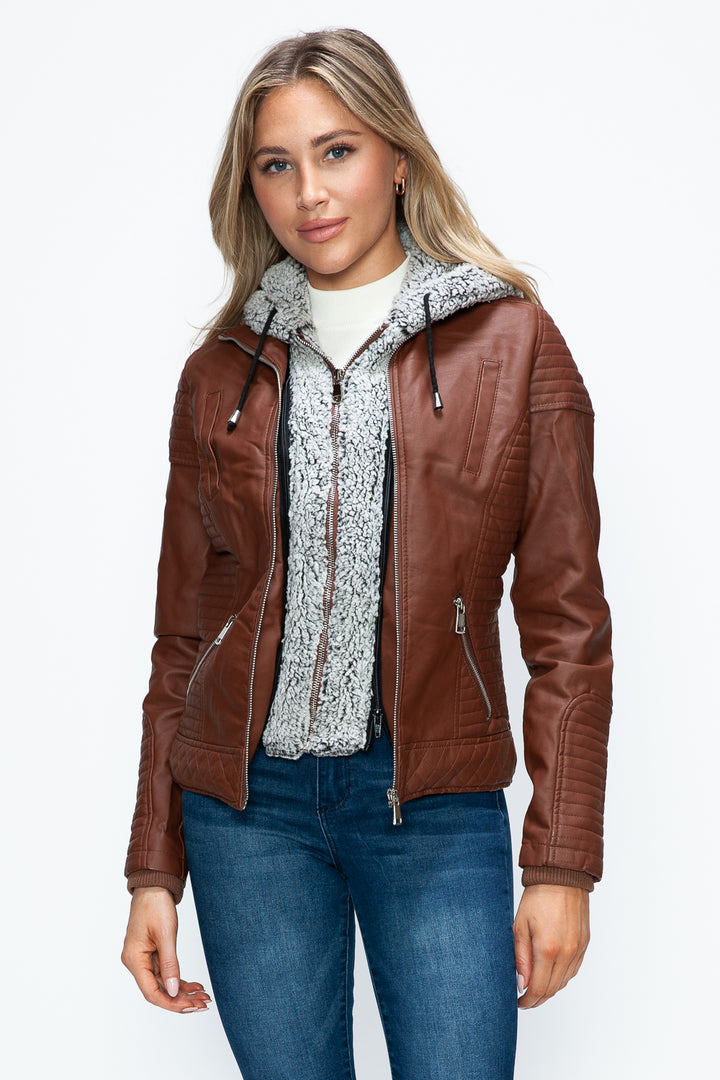 Ymi Faux Layered Double Zipper Jacket With Fuzzy Hood 5