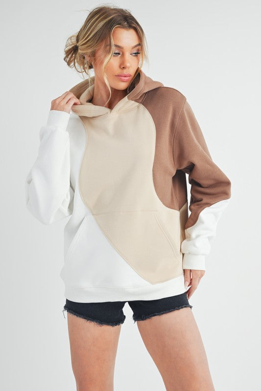 Sand Aemi Co Color Block Hoodie With Kangaroo Pocket