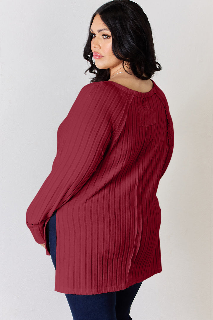 Deep Red Basic Bae Full Size Ribbed Round Neck Slit T Shirt