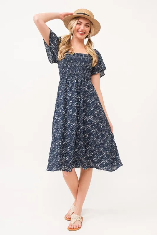 Lime N Chili Smocked Floral Print Flutter Sleeve Midi Dress