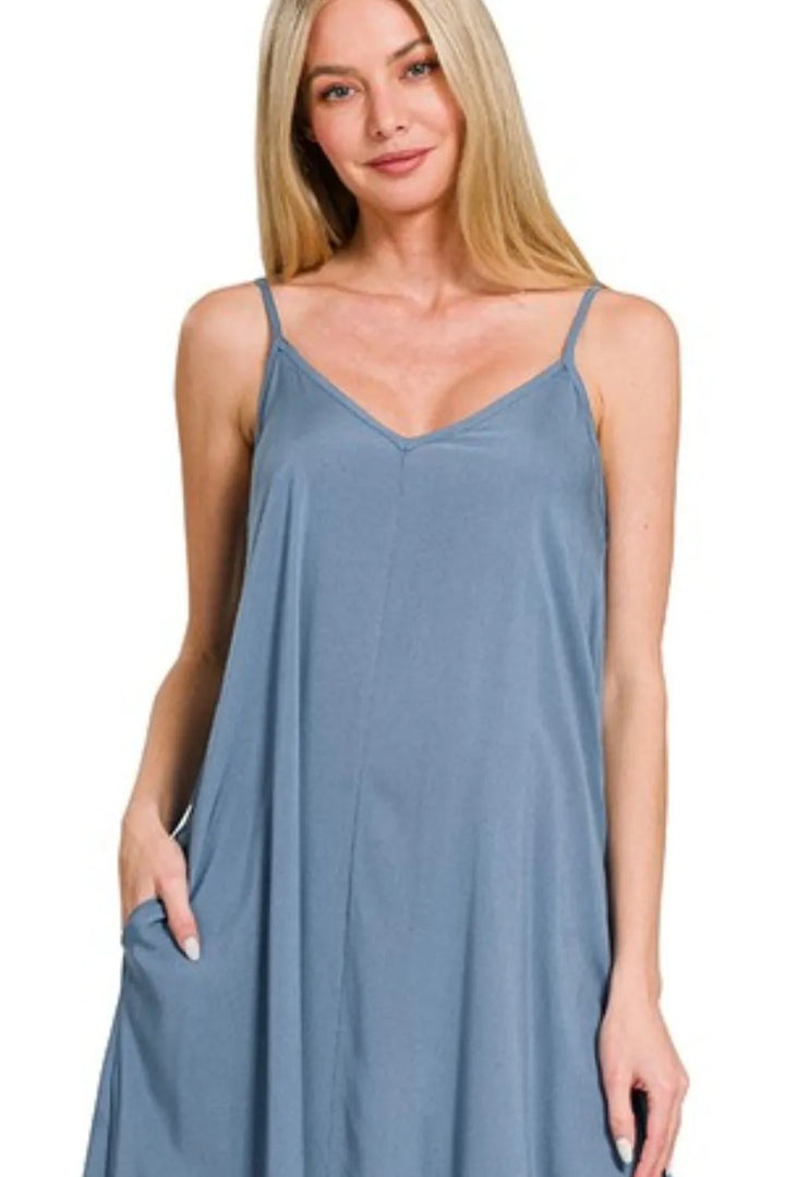 Dusty Blue Zenana Woven Arc Hem Cami Dress With Flowy Pockets 5