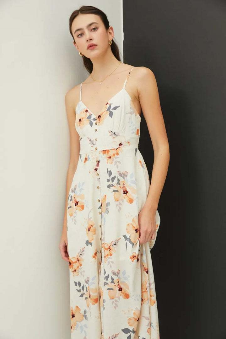 Peach Hibiscus Be Cool Floral Button Down Cami Midi Dress
