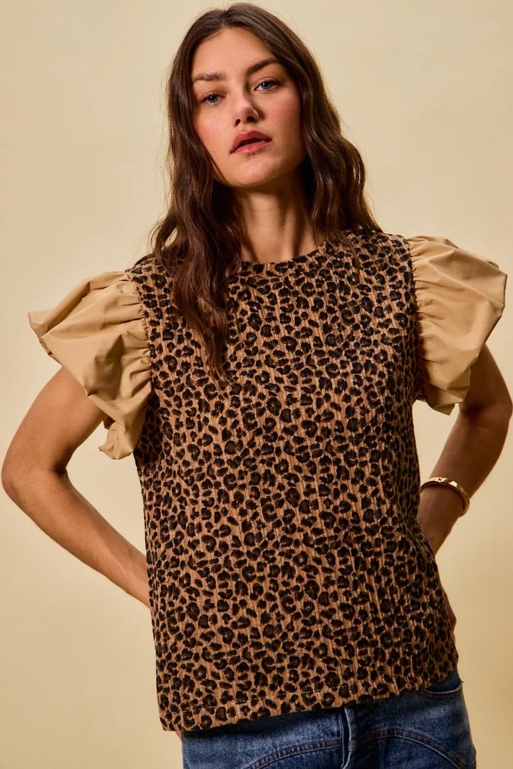 So Me Leopard Pointelle Knit Top With Puff Sleeves