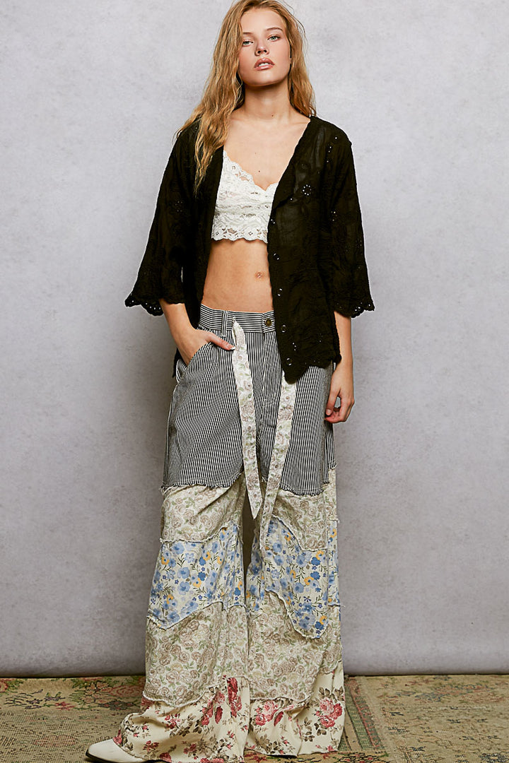 Pol Floral Eyelet V Neck Salloped Shirt