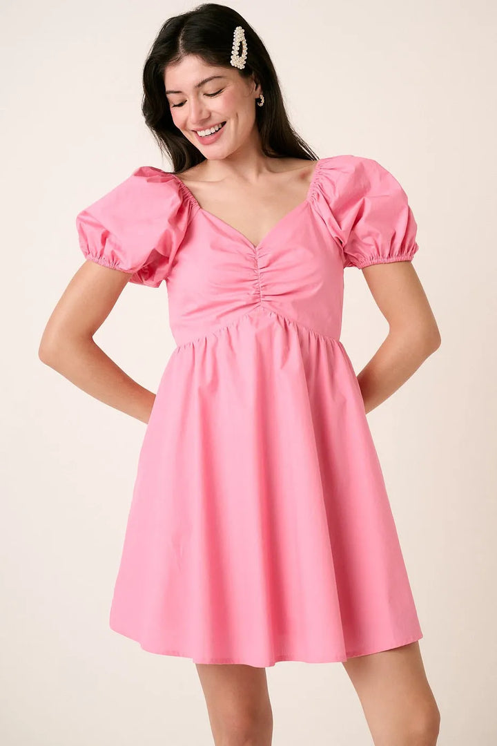 Pink Mittoshop Sweetheart Puff Sleeve Smocked Mini Dress