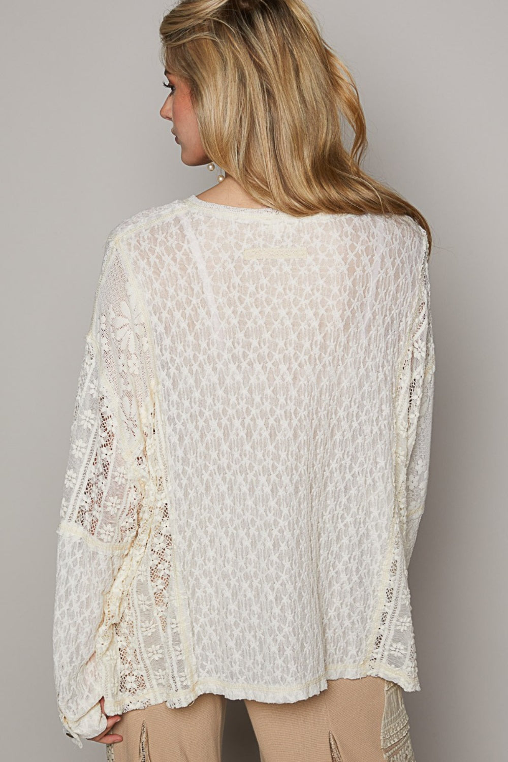 Cream Pol Round Neck Long Sleeve Raw Edge Lace Top