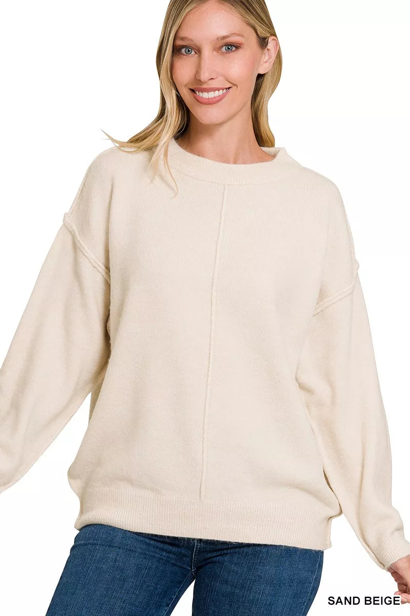 Sand Beige Zenana Melange Front Seam Round Neck Sweater