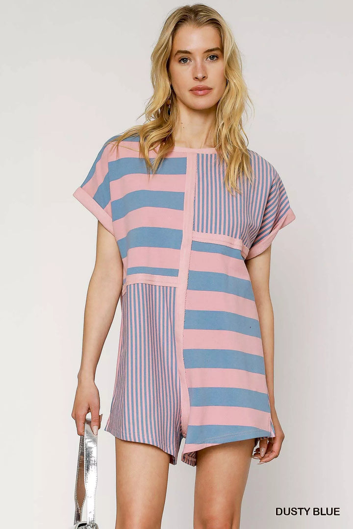 Dusty Blue Umgee Mixed Striped Short Sleeve Romper 1