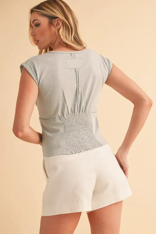 Light Wash Blue Aemi Co V Neck Cap Sleeve Cropped Top