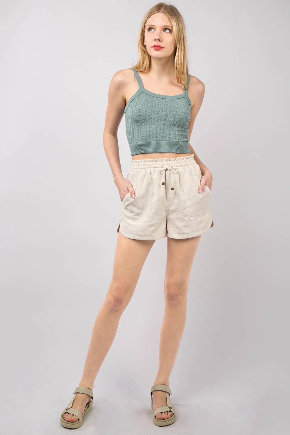 Very J Drawstring Elastic Waist Linen Shorts 1