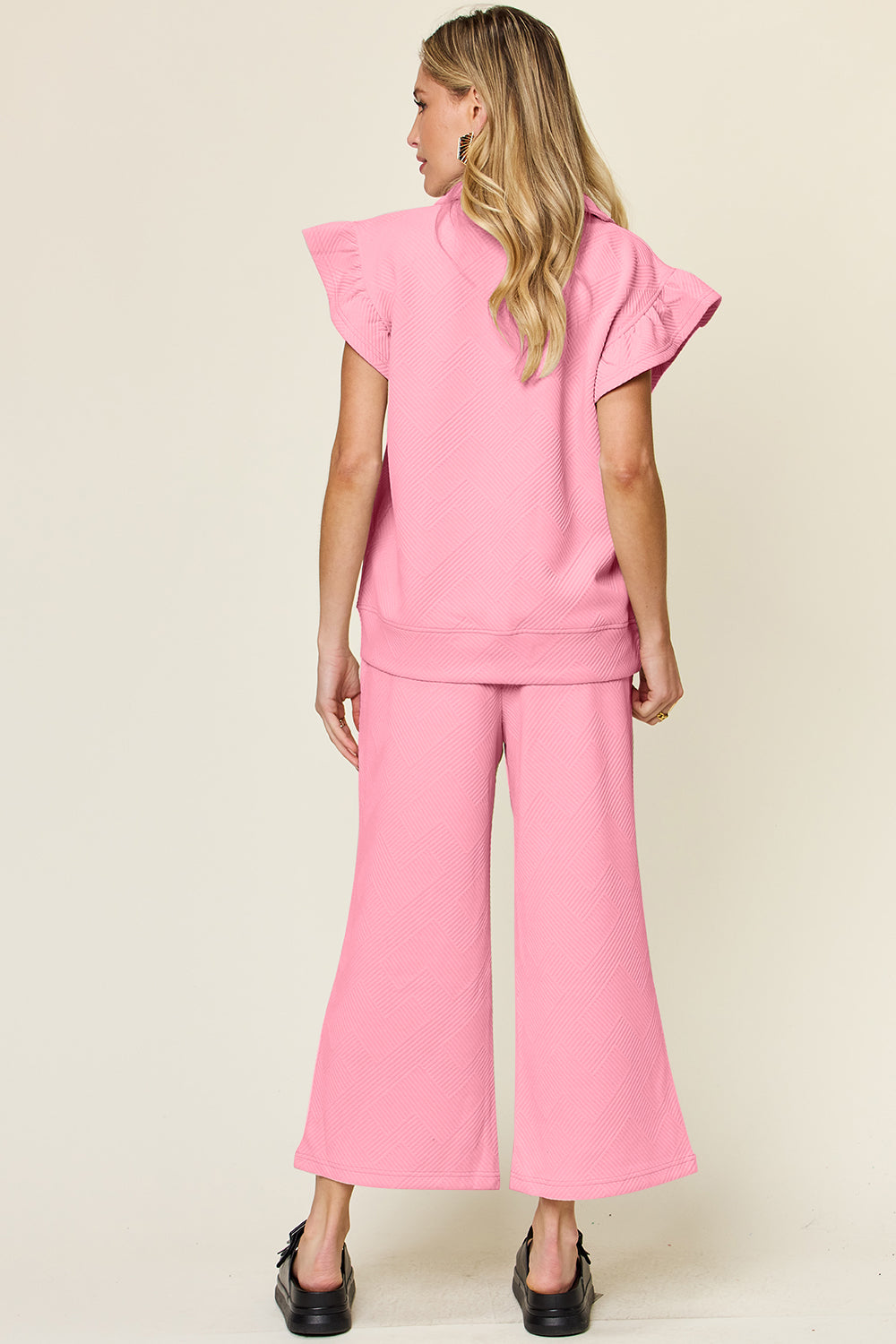 Deep Teal Double Take Texture Ruffle Short Sleeve Top And Drawstring Wide Leg Pants Set