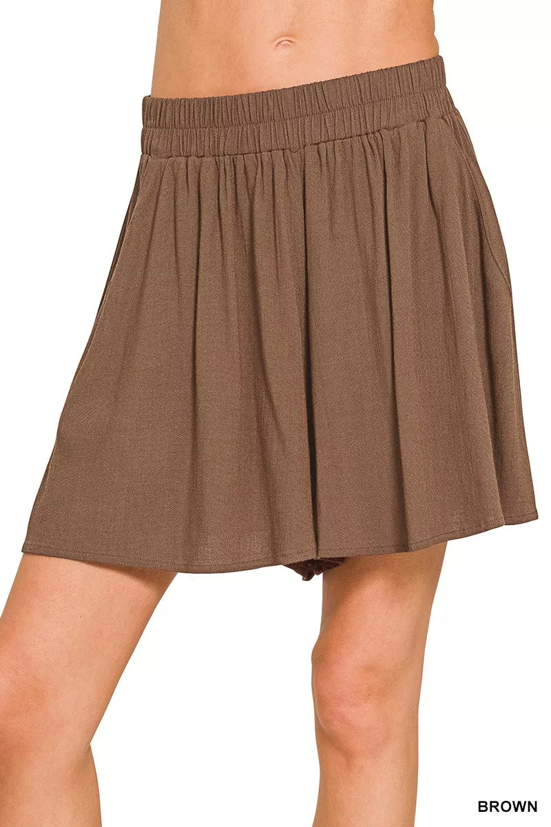 Brown Zenana Woven Elastic Band Shorts With Pocket 2