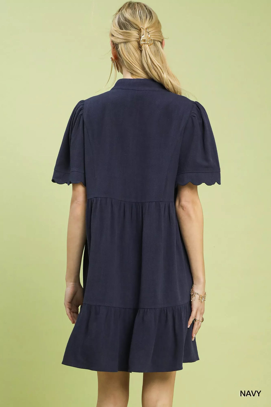 Navy Umgee Linen Tiered Babydoll Dress With Scalloped Sleeves
