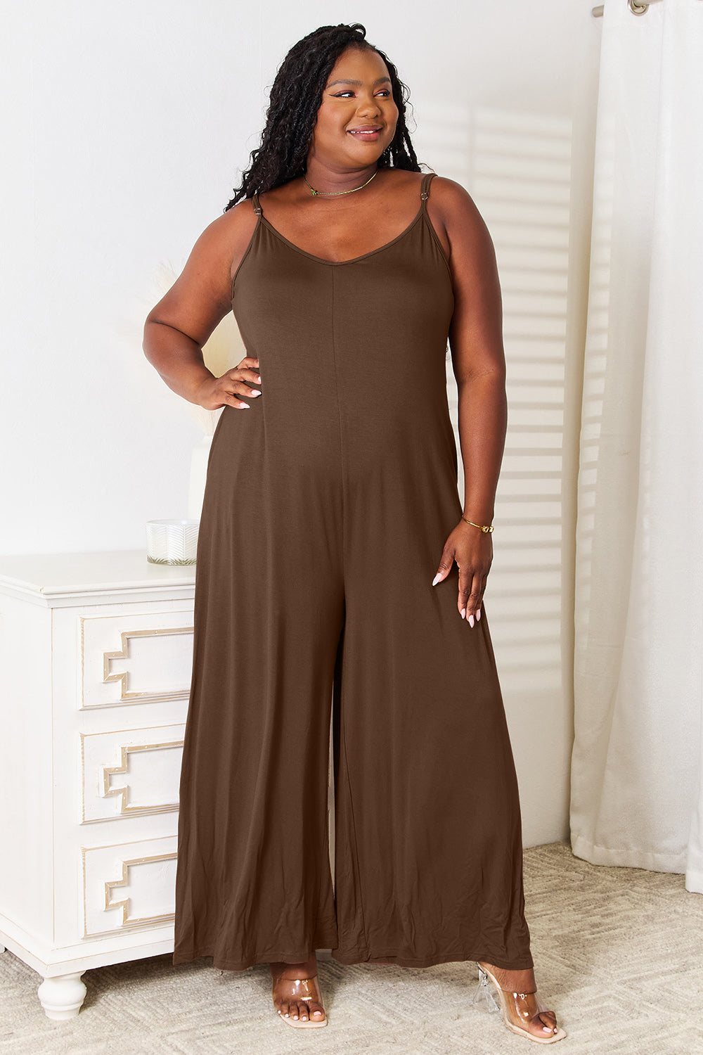 Sky Blue Double Take Full Size Soft Rayon Spaghetti Strap Tied Wide Leg Jumpsuit