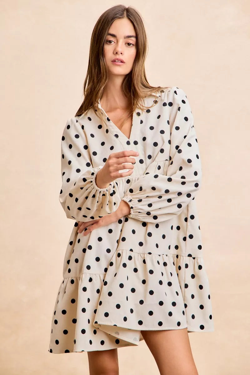 Ivory/Black Bibi Polka Dot Corduroy Collared V Neck Dress