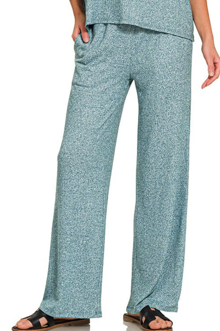 Teal Zenana Soft Melange Short Sleeve Tee Long Pants Set 4
