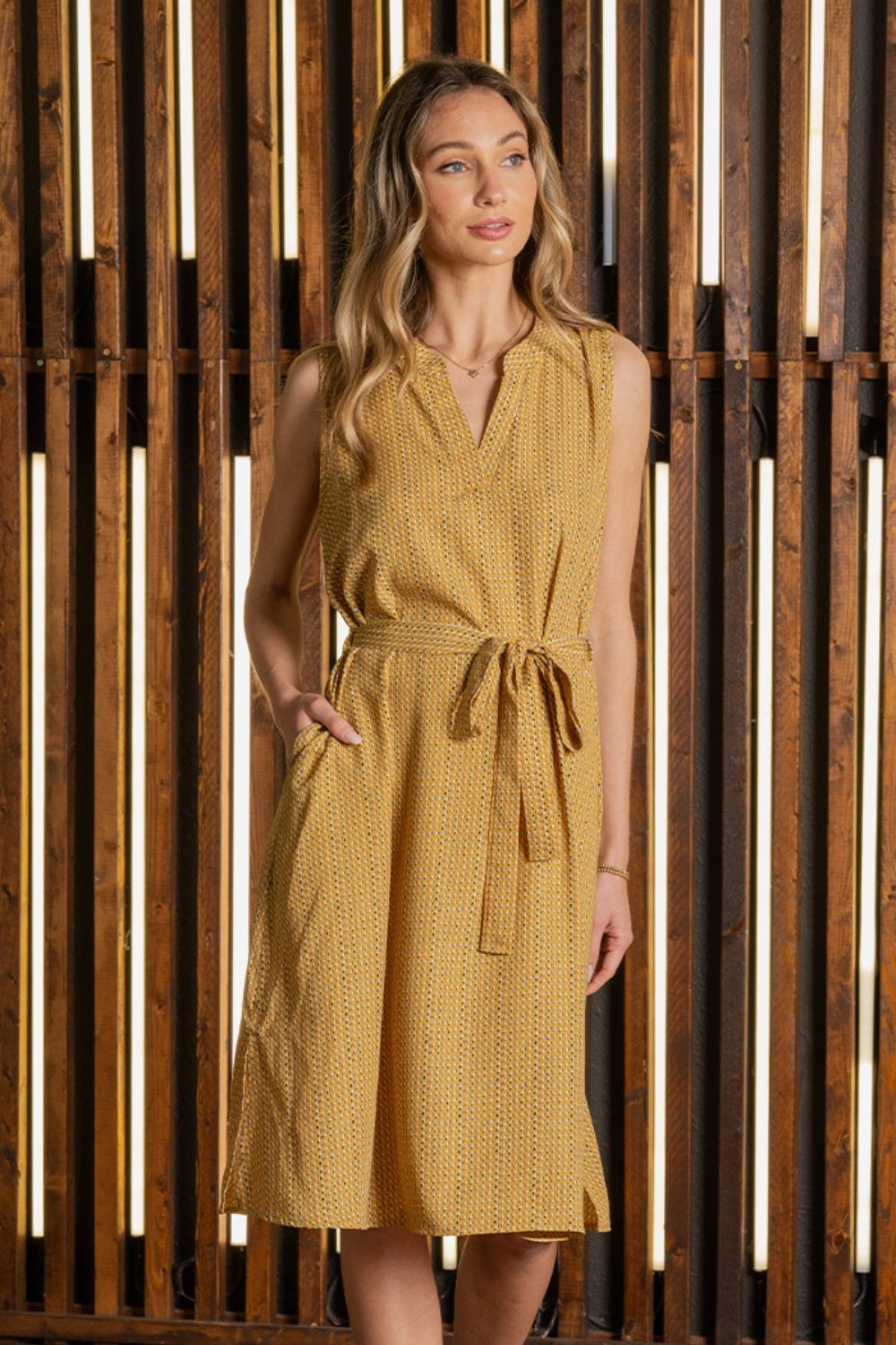 Mustard/Blue Sew In Love Full Size Printed Sleeveless Dress With Side Pockets