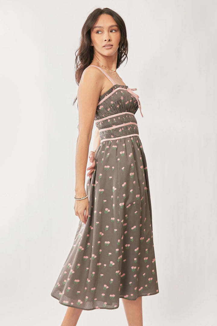 Davi Dani Contrast Velvet Tape Smocking Bodice Midi Dress 1
