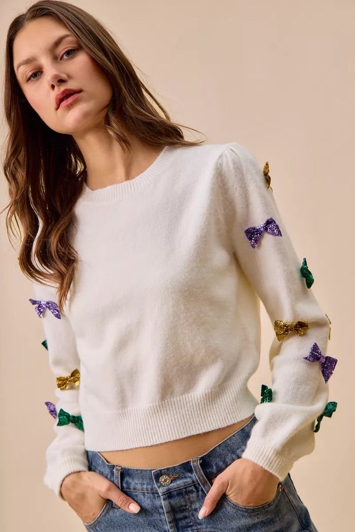 So Me Mardi Gras Glitter Bow Ribbon Sweater Knit Top