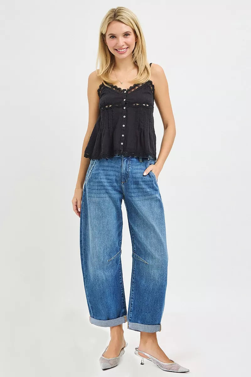 Medium Risen Slouchy Cropped Barrel Jeans With Cuffed Hem