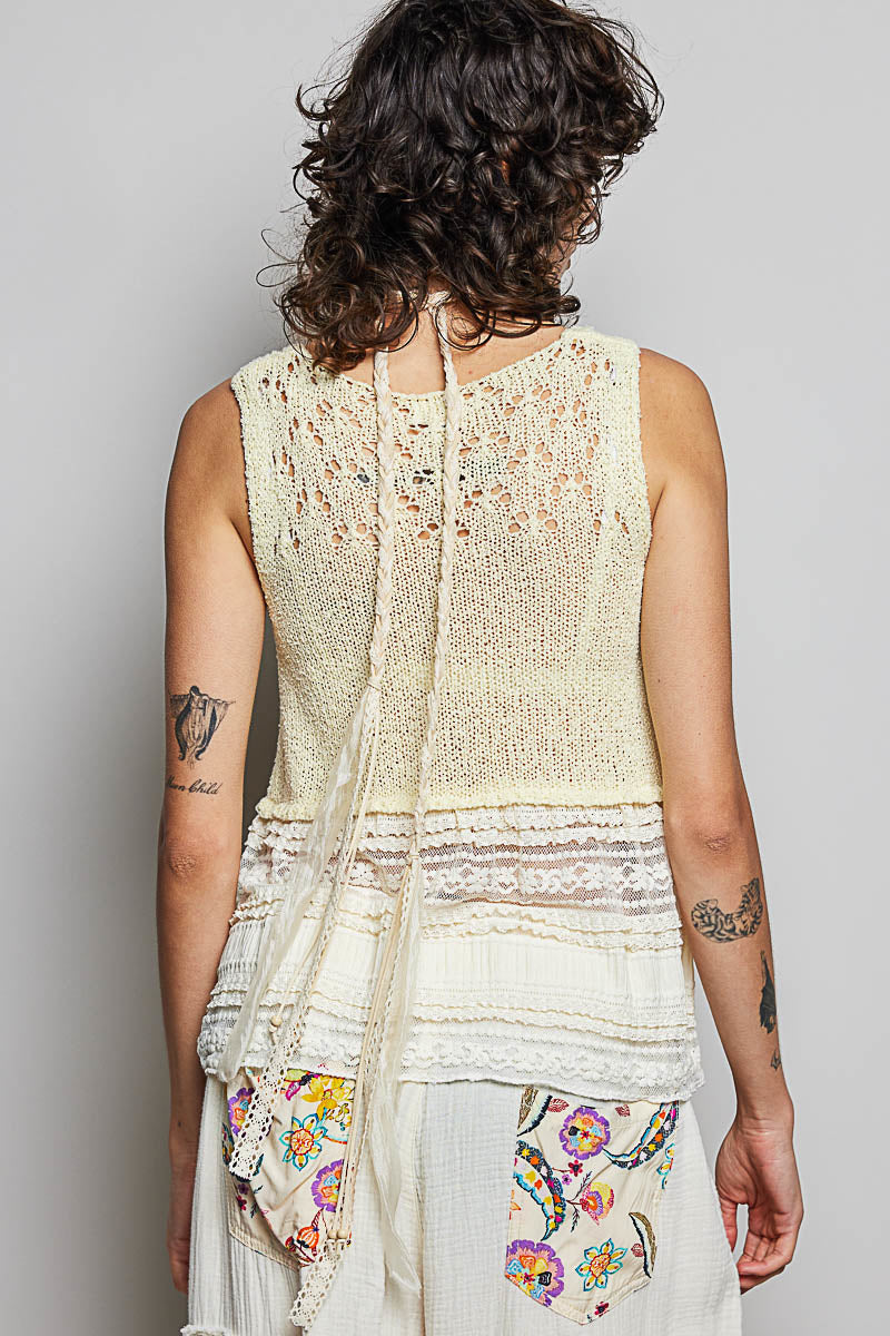 Pol V Neck Crochet Sweater Vest With Lace Trim