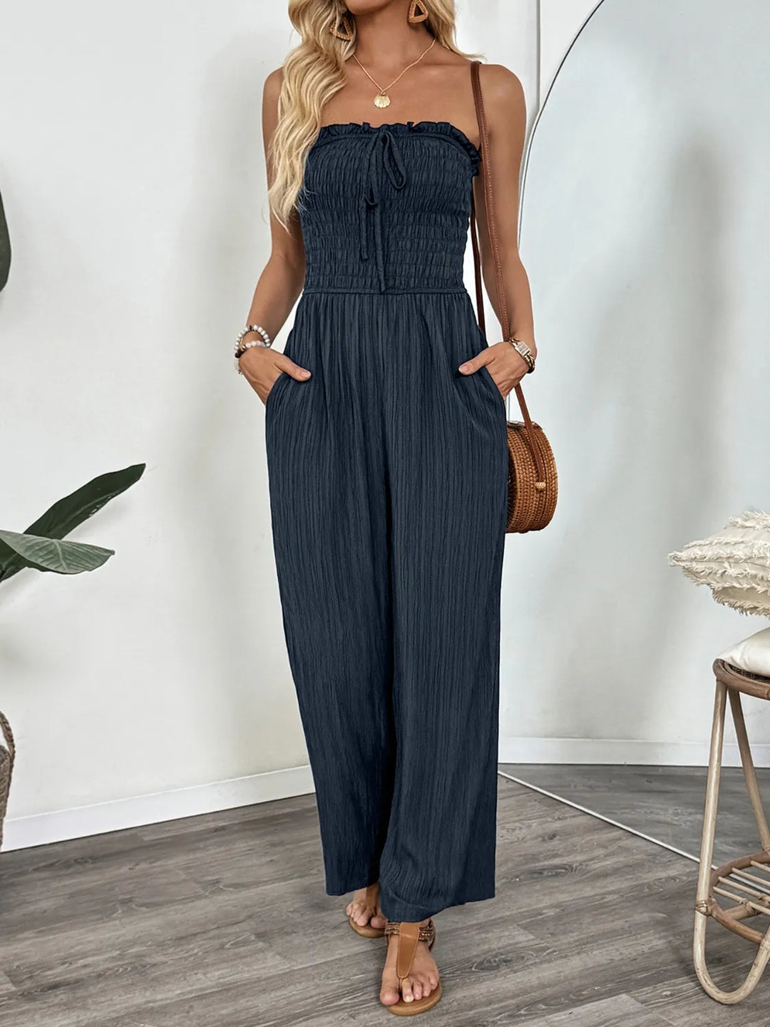 Dark Blue Smocked Tube Wide Leg Jumpsuit 1