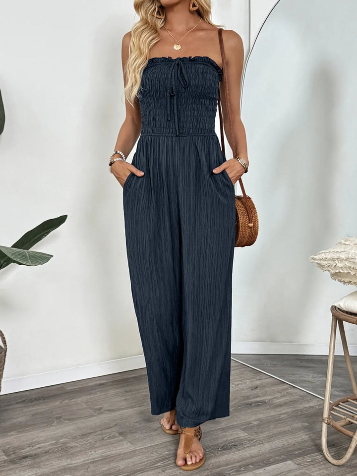 Dark Blue Smocked Tube Wide Leg Jumpsuit 1
