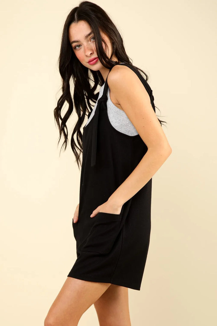 Black Very J Tie Shoulder Front Pocket Romper 1