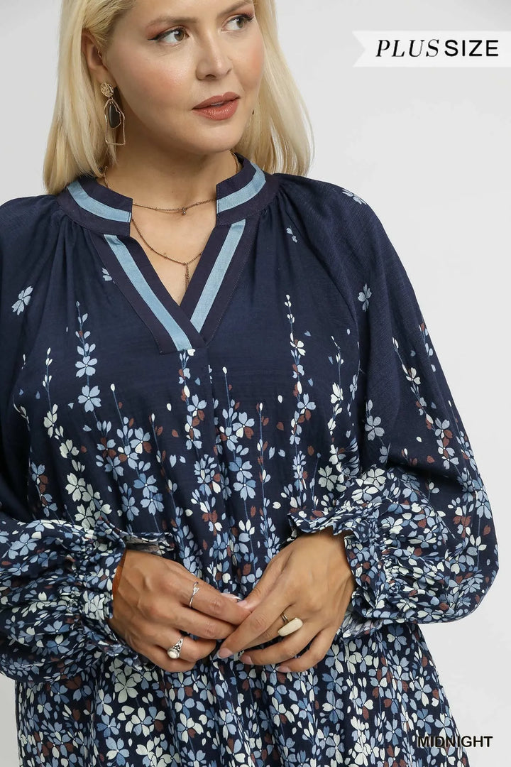 Umgee Full Size Floral Vine Print Blouse With Balloon Sleeves Plus Size 1