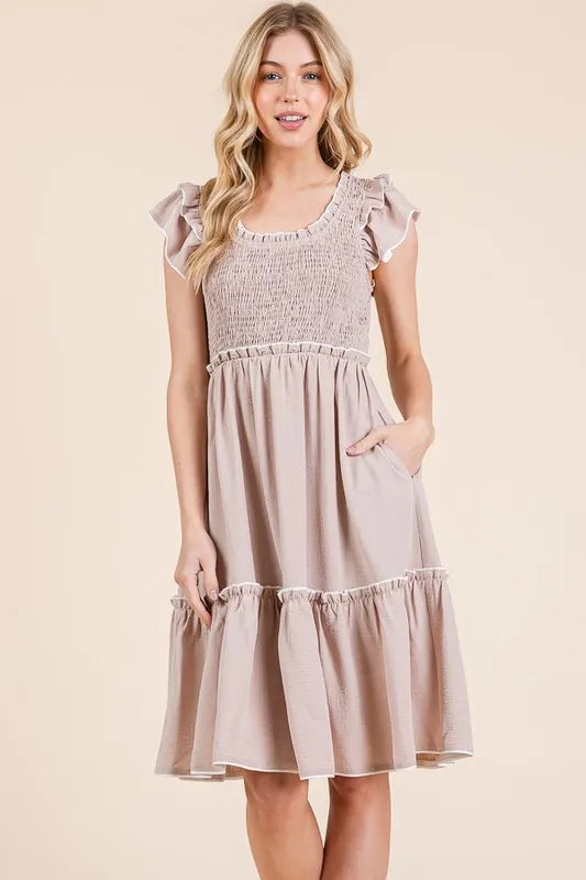 Lime N Chili Ruffle Trim Smocked Dress With Contrast