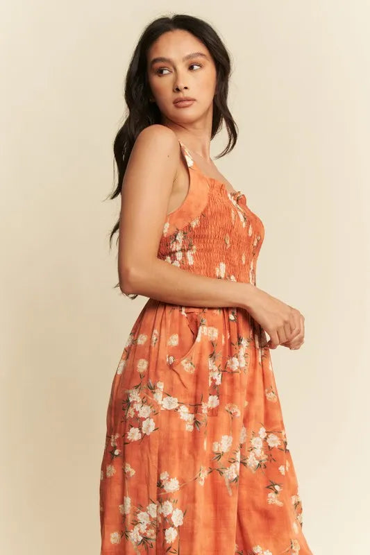 Davi Dani Floral Ruffle Square Neck Smocking Bodice Jumpsuit