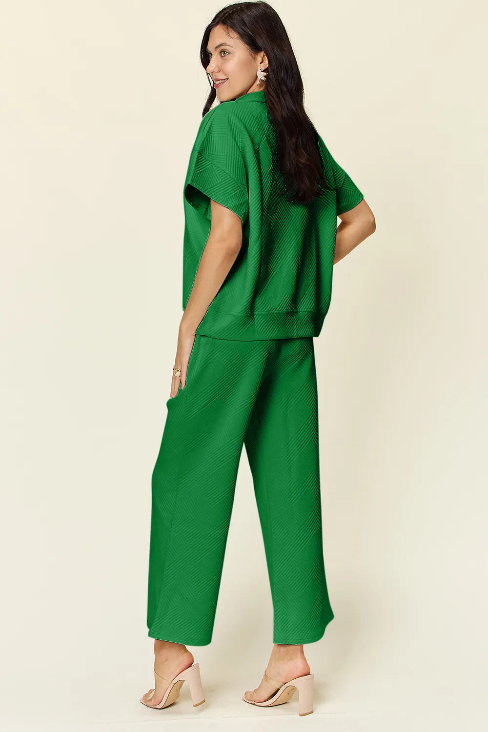 Green Double Take Full Size Texture Half Zip Short Sleeve Top And Pants Set 1