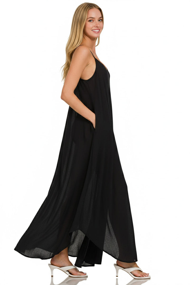 Black Zenana Woven Crinkle Cami Maxi Dress With Side Pockets 4