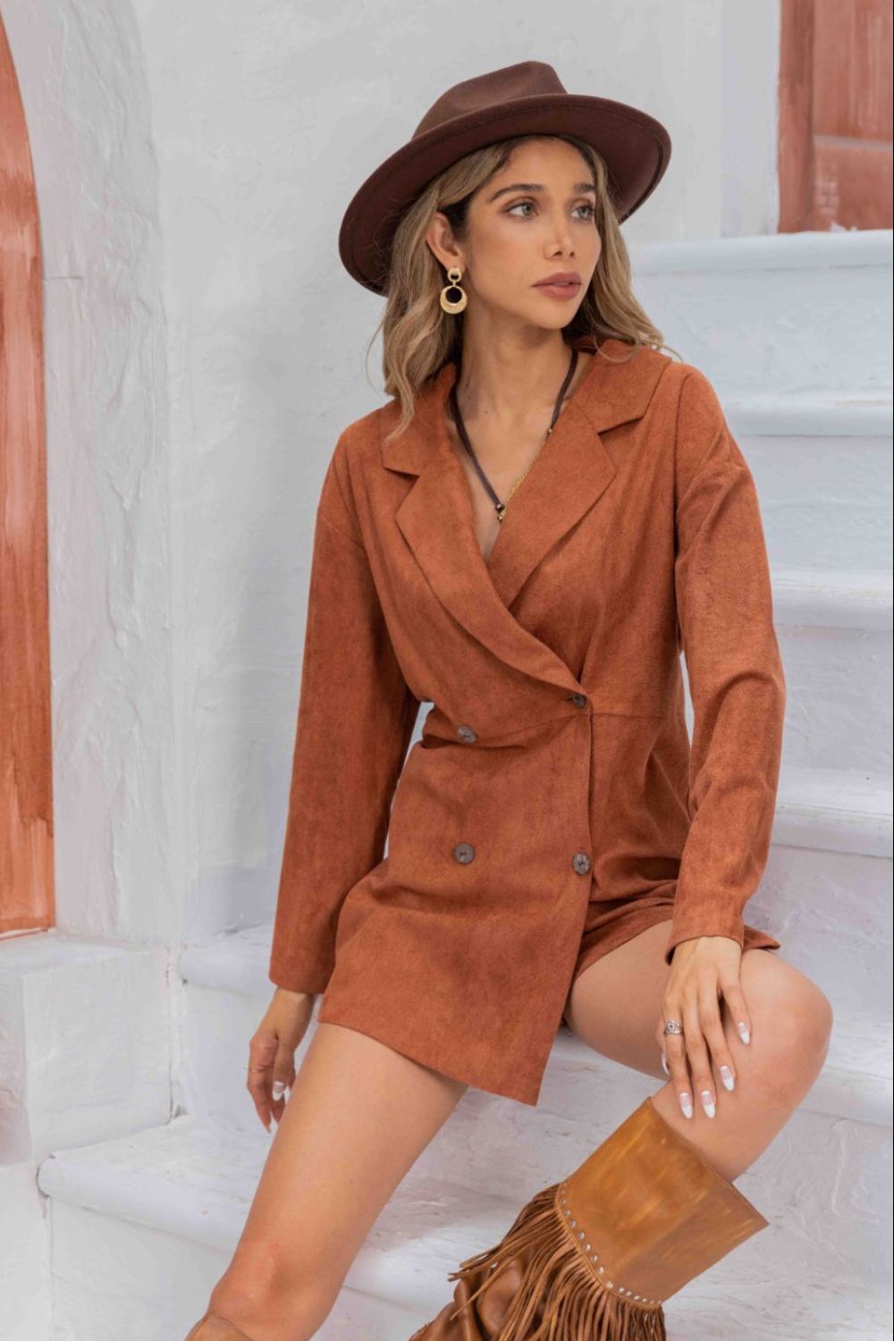 Caramel Lapel Collar Long Sleeve Romper 1