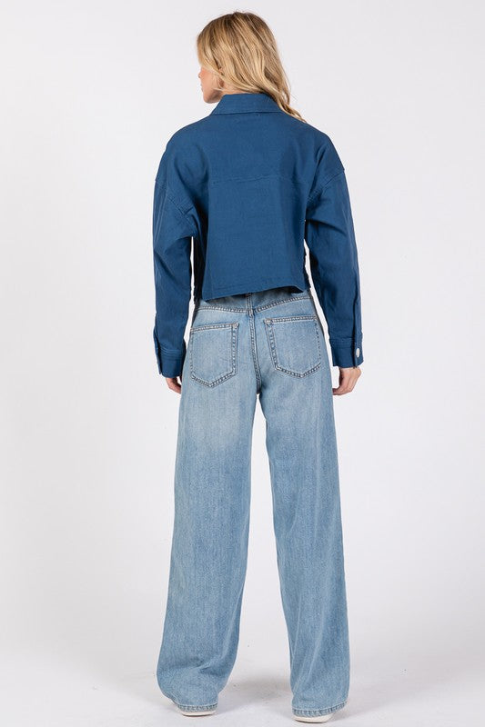 Peacock  Blue Bytos Button Down Cropped Denim Jacket With Patch Pockets