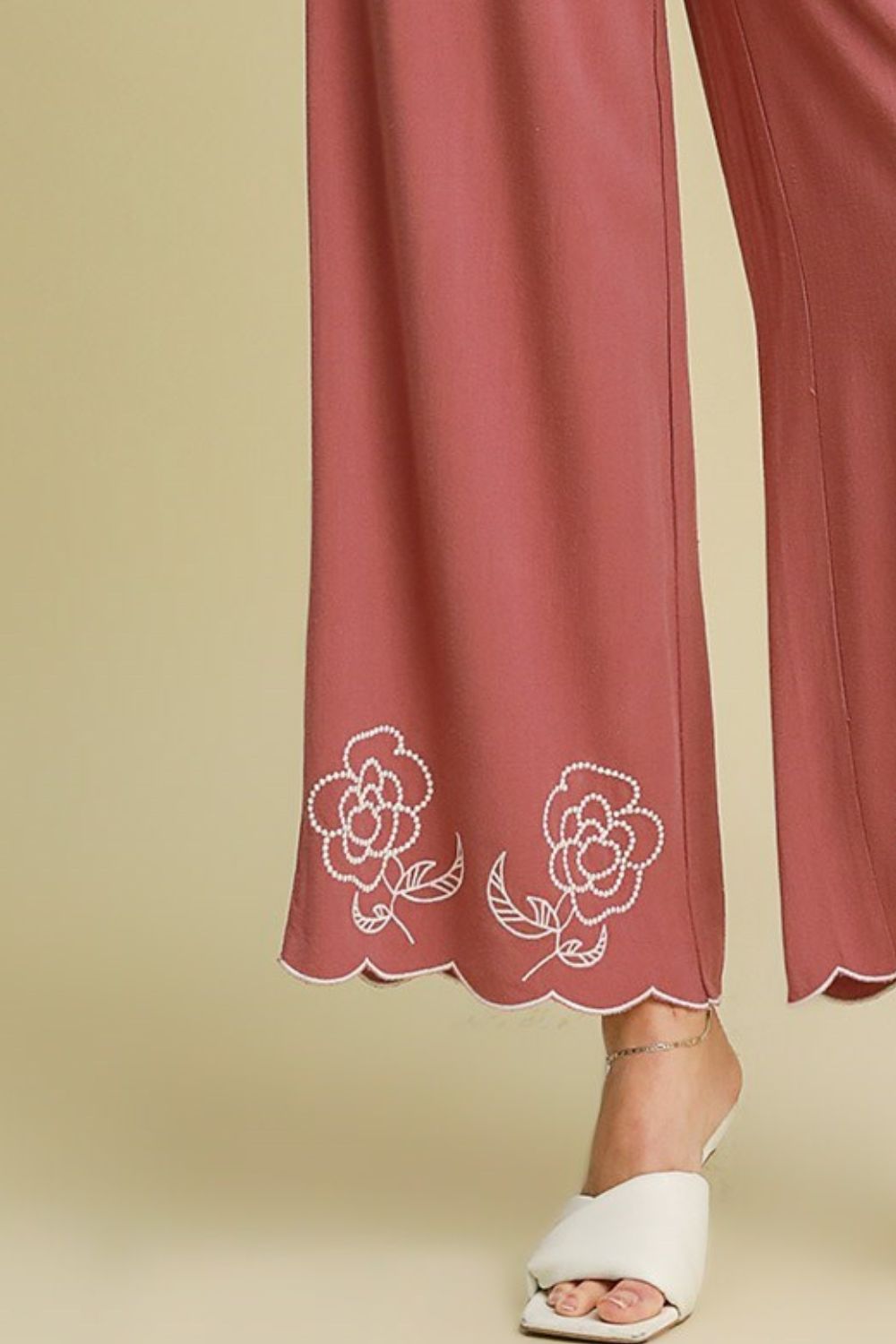 Dusty Pink Umgee Full Size Linen Blend Wide Leg Pants With Scalloped Hemline Plus Size