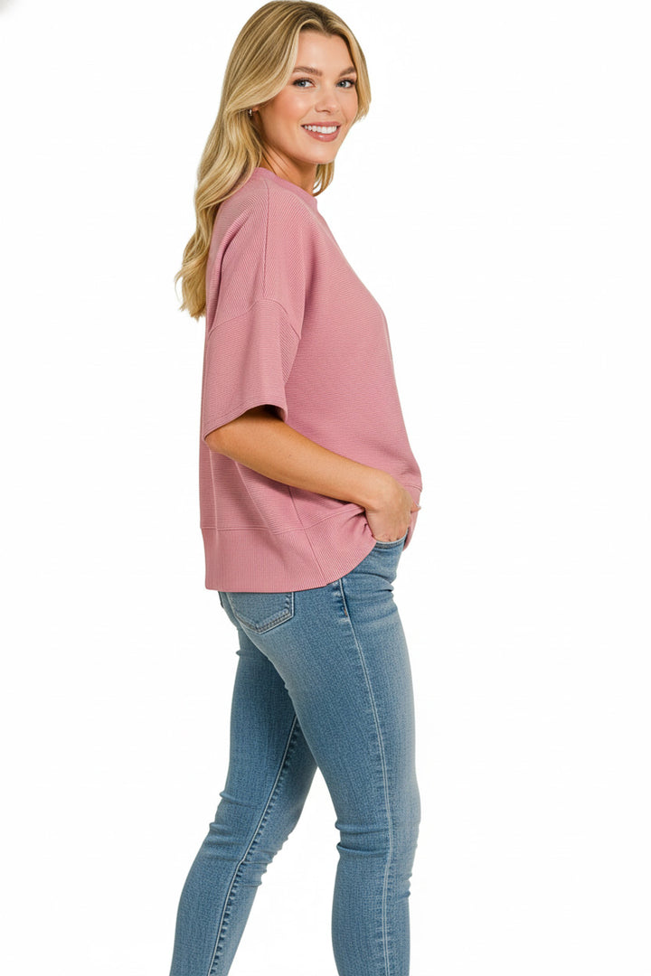 Lt Rose Zenana Ribbed Round Neck Waist Banded T Shirt