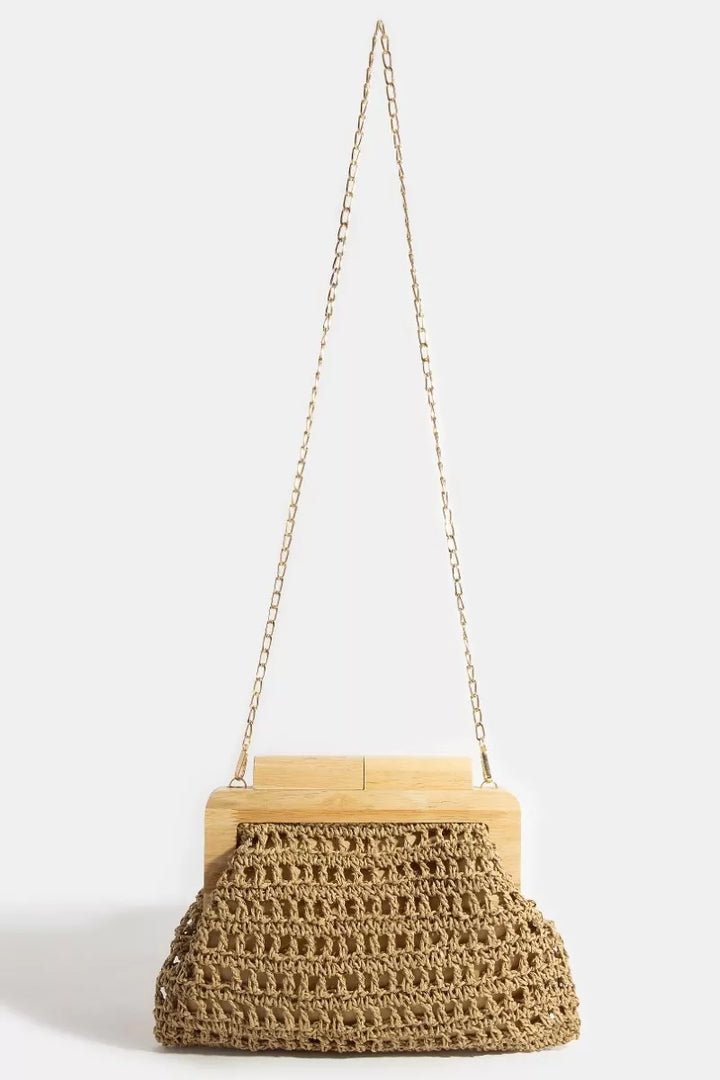 Fame Straw Braided Wooden Top Frame Clutch Bag