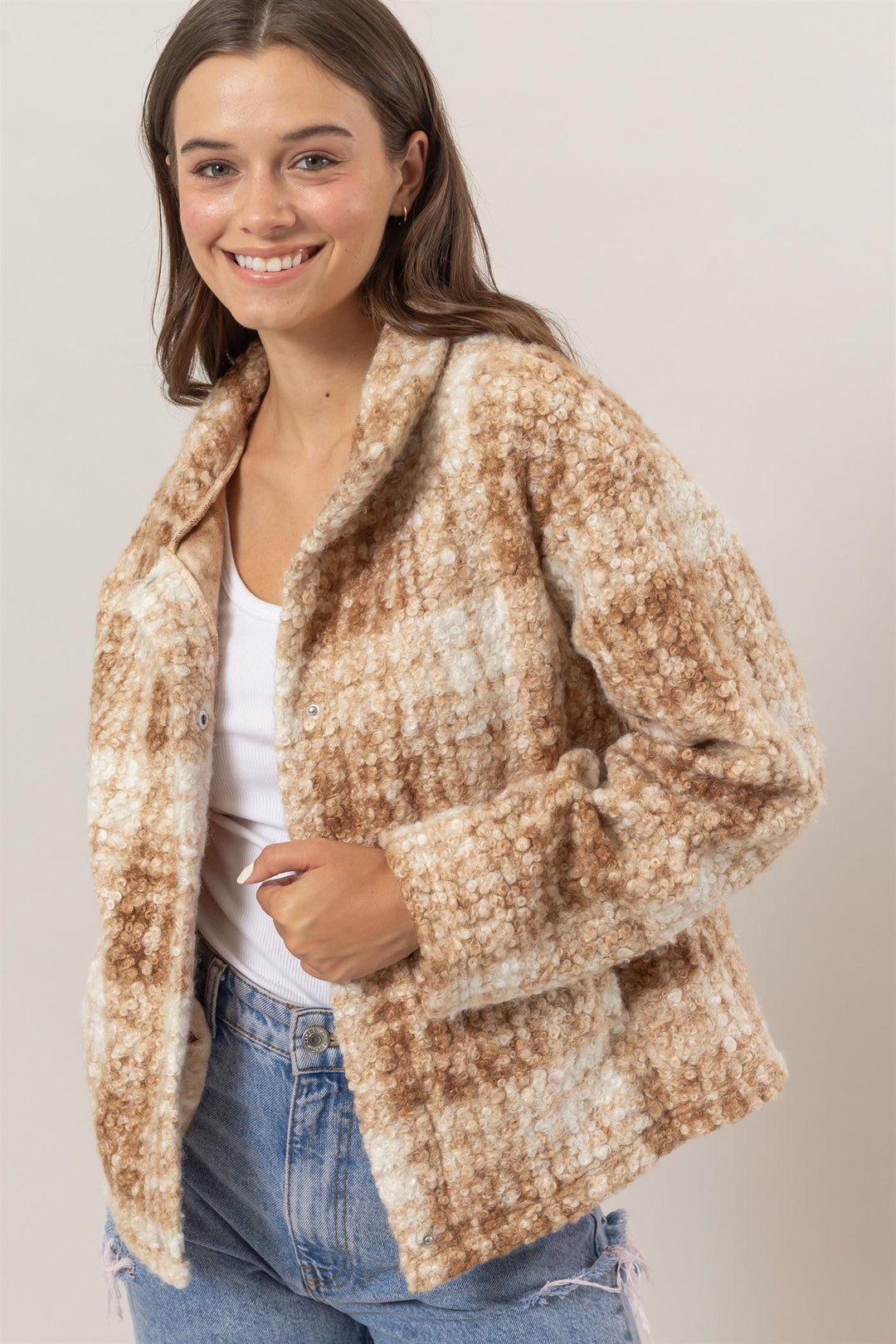 Taupe Hyfve Plaid Collared Neck Boucle Jacket With Pockets