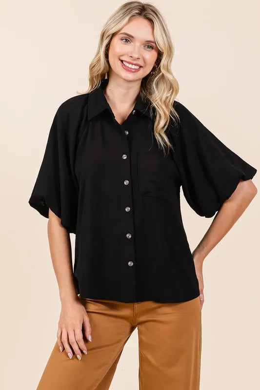 Black Mittoshop Airflow Short Bubble Sleeve Button Down Shirt