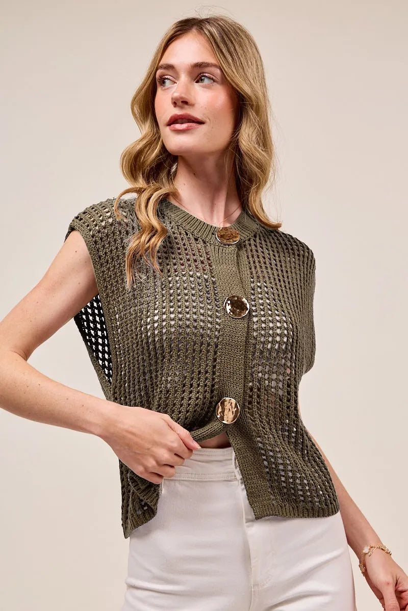 Mocha So Me Big Metal Button Front Openwork Sweater Vest