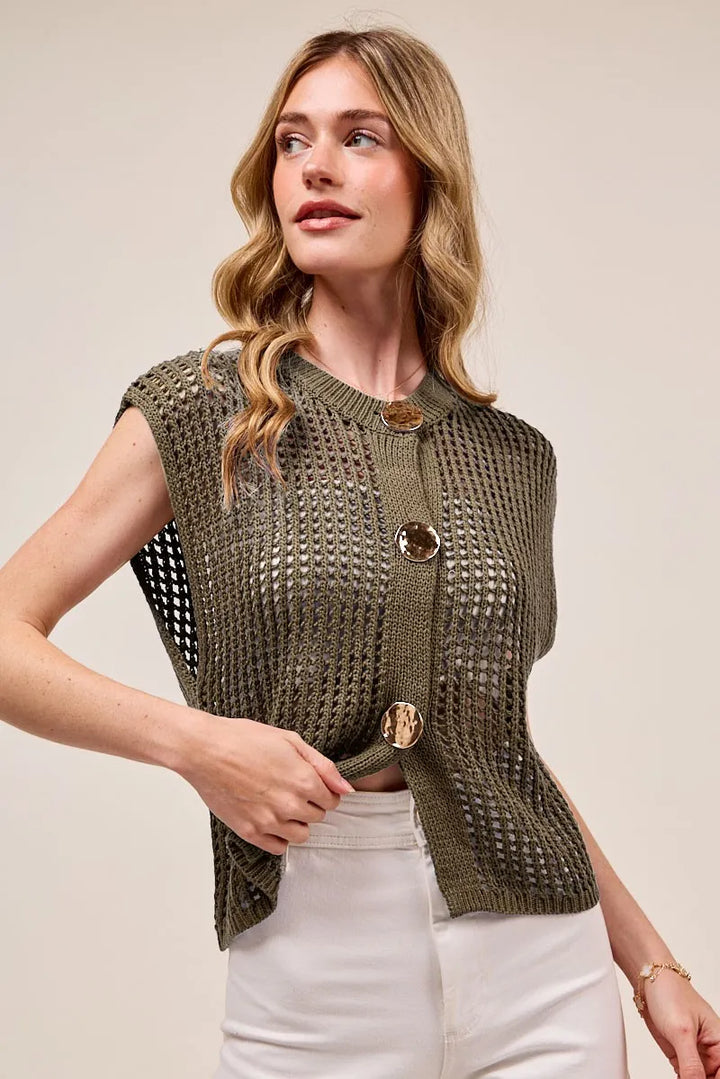 Mocha So Me Big Metal Button Front Openwork Sweater Vest