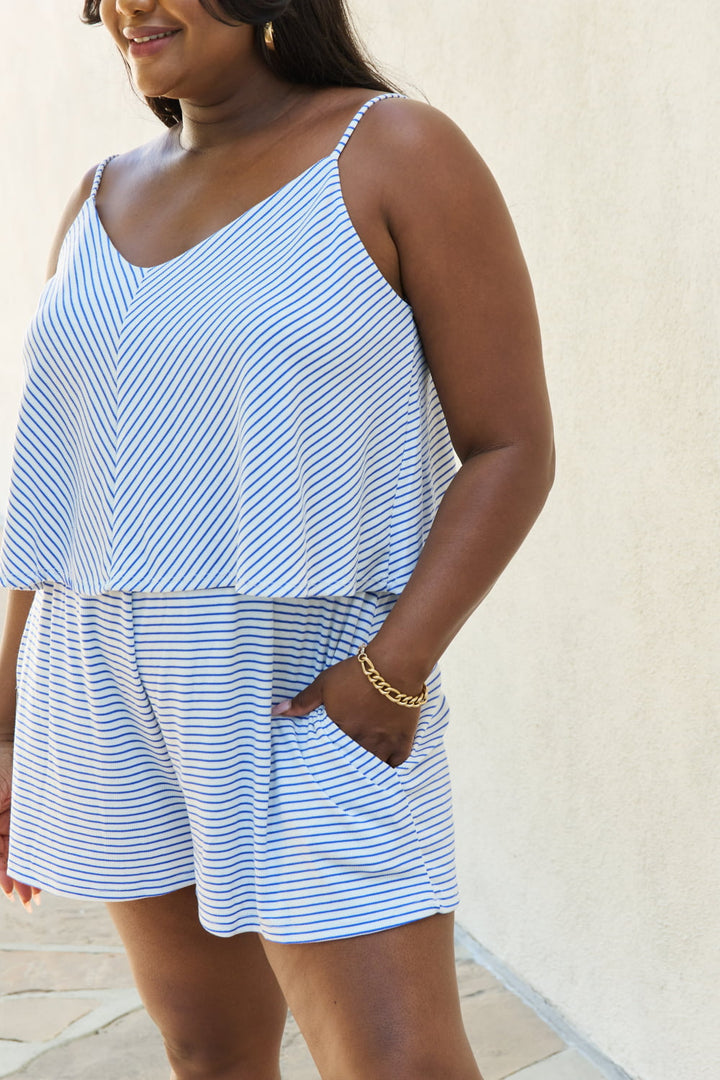 Stripe Culture Code Let It Happen Full Size Double Flare Striped Romper In Cobalt Blue