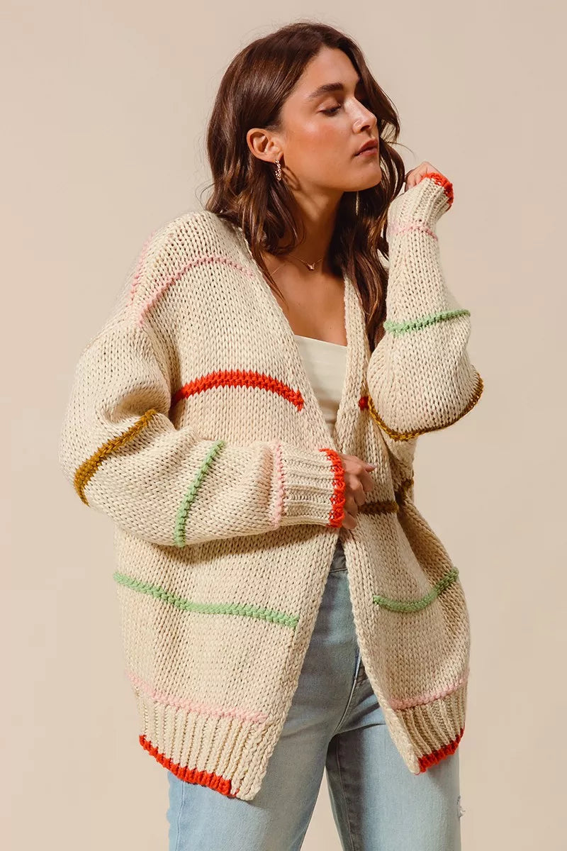 So Me Loose Fit Multi Stripe Open Front Cardigan