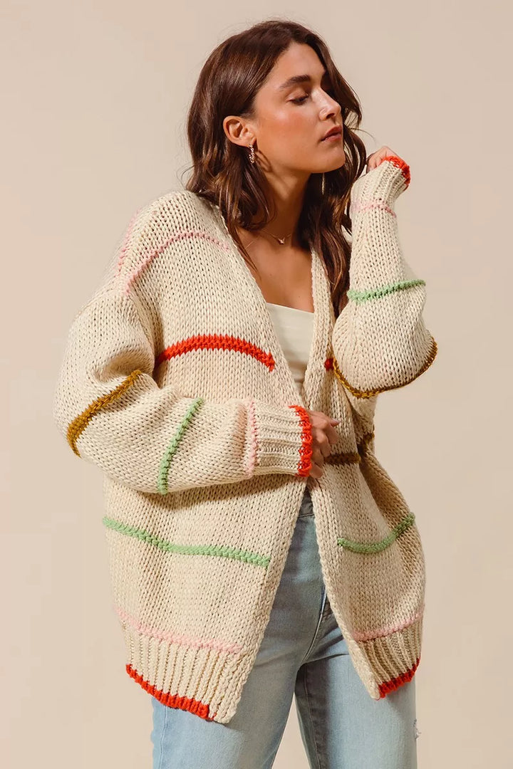 So Me Loose Fit Multi Stripe Open Front Cardigan